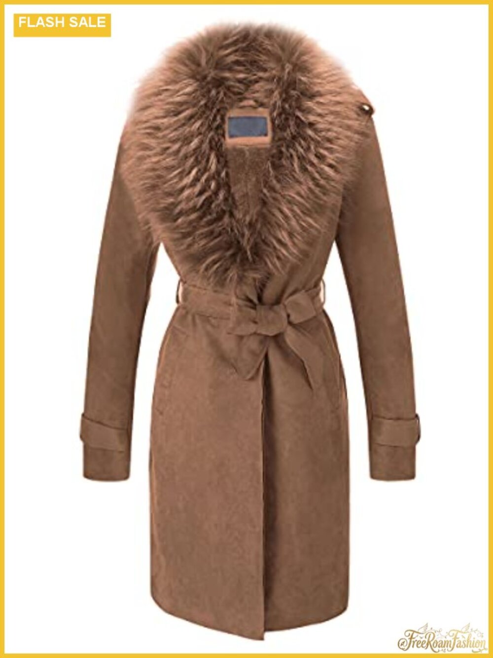 Women's Faux Suede Fleece Lined Trench Coat Belted with Detachable Faux Fur